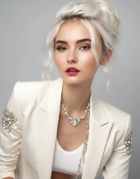 beautiful 20 year old girl from high society with light platinum hair, wearing a beige tube dress, and white blazer with shiny s...