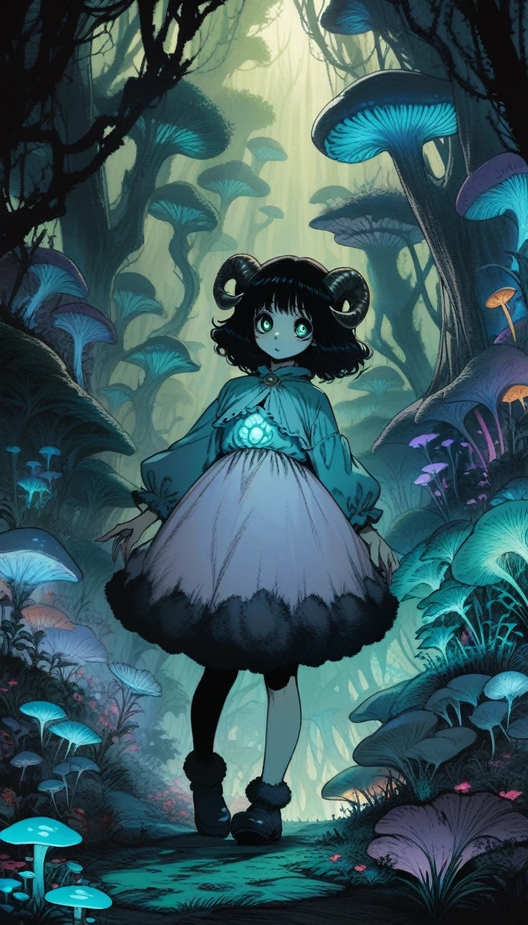 [author：Junji Ito], Dark horror scene, [Detailed shadows], [vein], (Bioluminescent mushroom forest), 1 Girl, Huge cosmic eyes, Spiral Fungus, Human Development Report fluffy black hair sheep horns. Insane