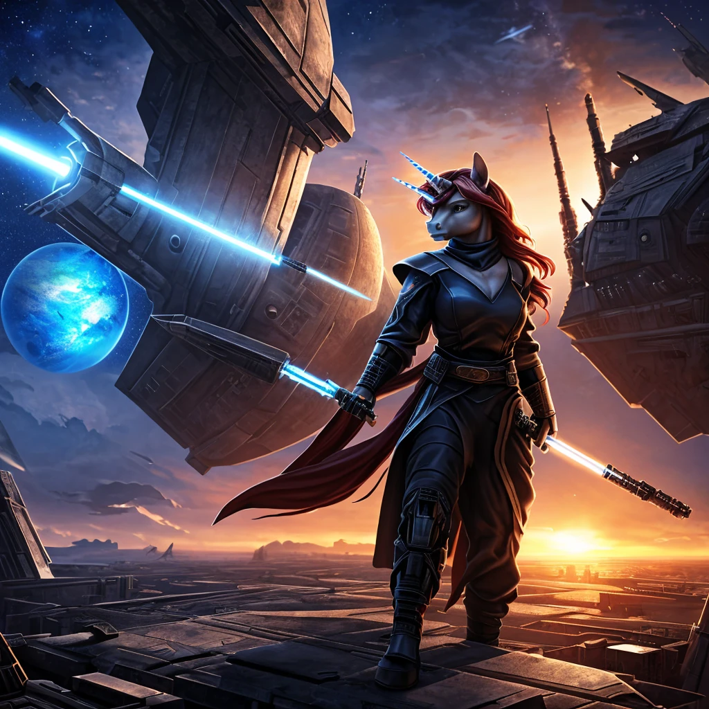 une magnifique chevalier Jedi femme coucher de soleil chatoyant anthro licorne poney en robe noire et pantalon,bottes noires,maniant un sabre laser à lame bleue à poignée argentée,Debout sous un Destroyer Stellaire dans le ciel au loin avec des chasseurs TIE et l'Étoile Noire,planète Tatouine,visage et caractéristiques très détaillés,a main mécanique détaillée,Éclairage cinématographique,atmosphère dramatique,couleurs riches,photoRéaliste,chef-d&#39;œuvre,(Meilleure qualité,4k,8k,haute résolution,chef-d&#39;œuvre:1.2),ultra-détaillé,(Réaliste,photoRéaliste,photo-Réaliste:1.37),visage et yeux extrêmement détaillés,belles lèvres détaillées,main mécanique détaillée,dramatic Éclairage cinématographique,des couleurs riches et vibrantes,arrière-plan complexe de science-fiction interstellaire