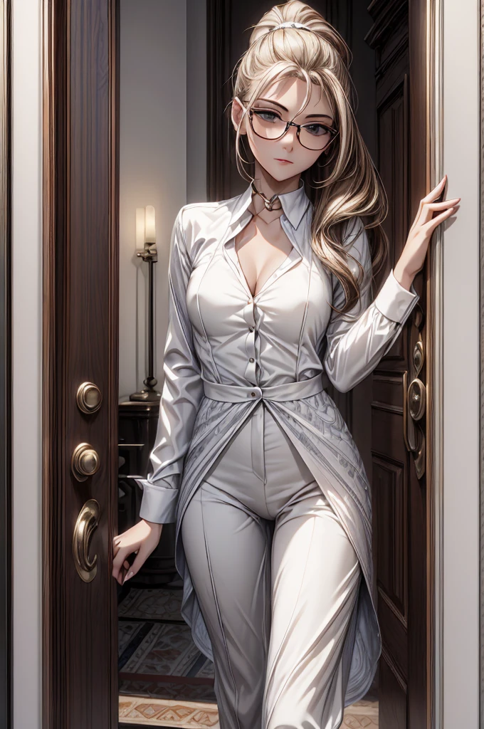 (masterpiece, best quality:1.2), detailed face, detailed eyes, elegant woman, long hair, high heeled, shiny skin, welcomes you at the door, dress shirt, pants, random collar, ponytail hair, cool attitude, cool glasses, exciting, cool, (perfect hands:1)