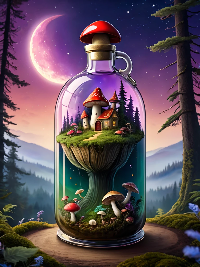 Chef doeuvre dans une grande bouteille très détaillé,  grüner und goldener Skarabäus,  Arrière-plan fantasy,  champs de champignons rouge et mauve, Himmel , Wald,  Mond