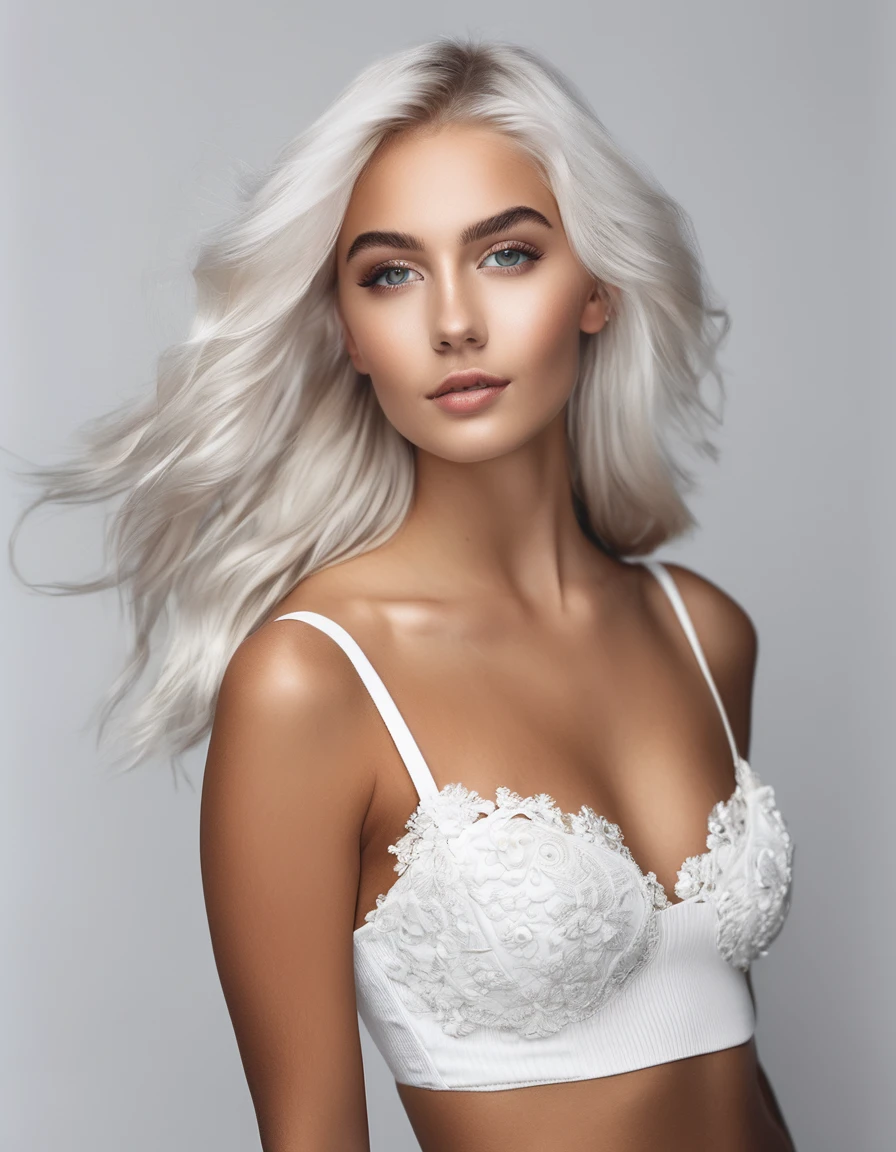 Beautiful 20 year old girl with perfect society body with light platinum hair, wearing a white women&#39;s suit with shiny stone embroidery on the sleeves and waistcoat, 