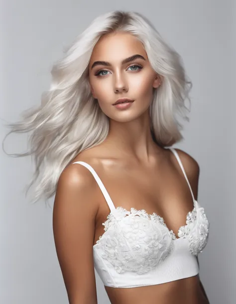 beautiful 20 year old girl with perfect society body with light platinum hair, wearing a white women&#39;s suit with shiny stone...