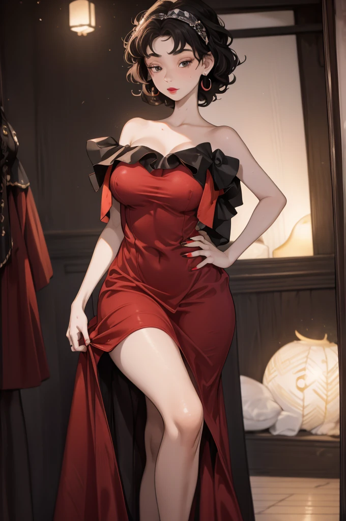 (8K HDR photorealistic pic), Betty Boop, short, althetic, curvy lady, ((tight little red dress)), dark eyebrows, black lipstick, (hoop earrings), dark eyeshadow, black lipstick, curvy, busty, (curly short black hair), shortstack, (retroussé breasts), darling figure, (supple pouting breasts), firm thighs, hourglass figure, kerchief, big brown eyes, dancing seductively