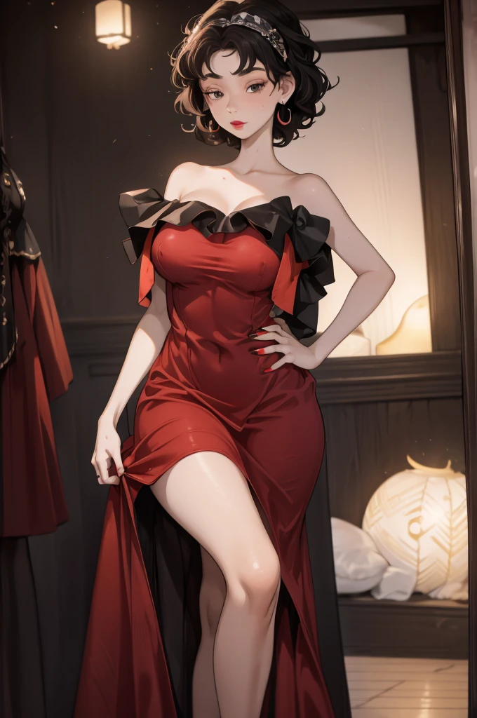 (Photo photoréaliste 8K HDR), Betty Boop, court, althétique, courbée lady, ((petite robe rouge moulante)), Sourcils foncés, rouge à lèvres noir, (boucles d&#39;oreilles créoles), fard à paupières foncé, rouge à lèvres noir, courbée, gros seins, (curly court black hair), courtstack, (retroussé breasts), figure chérie, (seins souples et rebondissants), Cuisses fermes, chiffre de sablier, foulard, gros yeux marrons, danser de manière séduisante