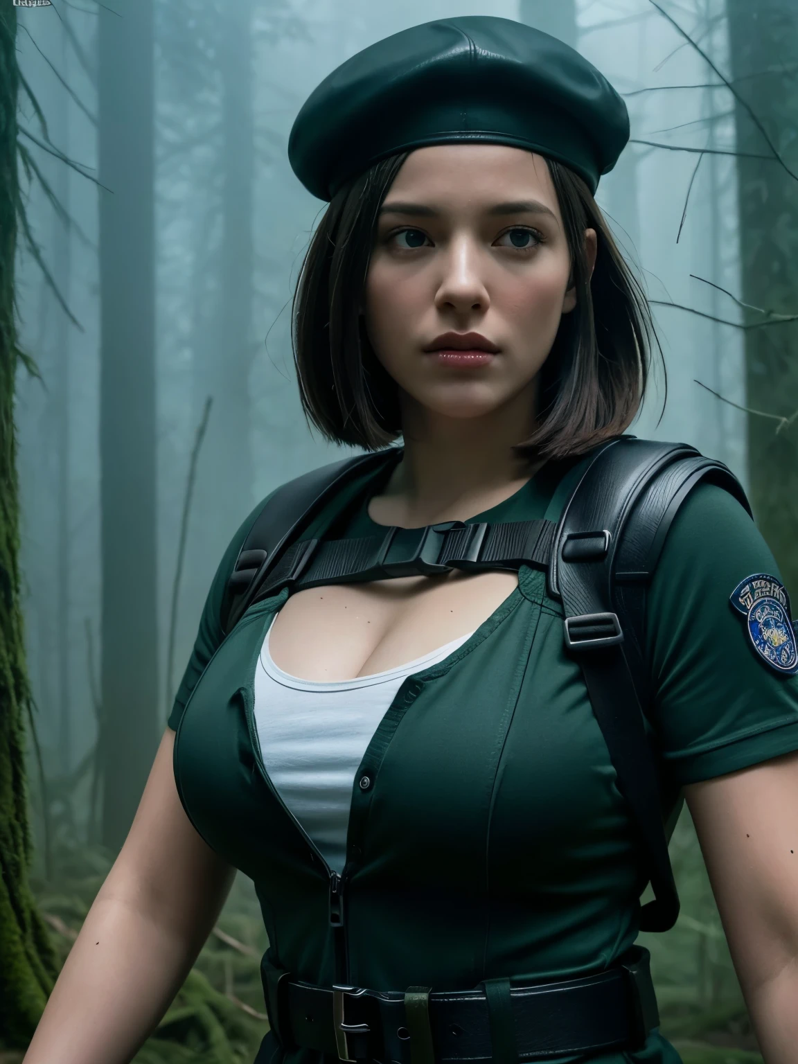 (highest quality:1.2, masterpiece), 8K, Professional Lighting, Cinematic Lighting, RAW Photos, Ultra-realistic photos, hyper detailed portrait, 1girl, Jill Valentine, RE1 series, a character of ‘resident evil’, (black hair, bob short:1.1), (jillre1, beret, uniform, shoulder pads, short sleeves, harness, gun belt, long pants), ultra huge breasts, ultra huge cleavages, ultra huge tits, ultra huge boob, slim waist, perfect slim body, detailed face, detailed eyes, fine eyes, ultra realistic interior of deep spooky forest, ultra detailed interior of deep spooky forest, (((dead trees, dark atmosphere, ultra realistic dogs, ultra detailed mist))), (((gloomy forest atmosphere, mid night forest view))), 