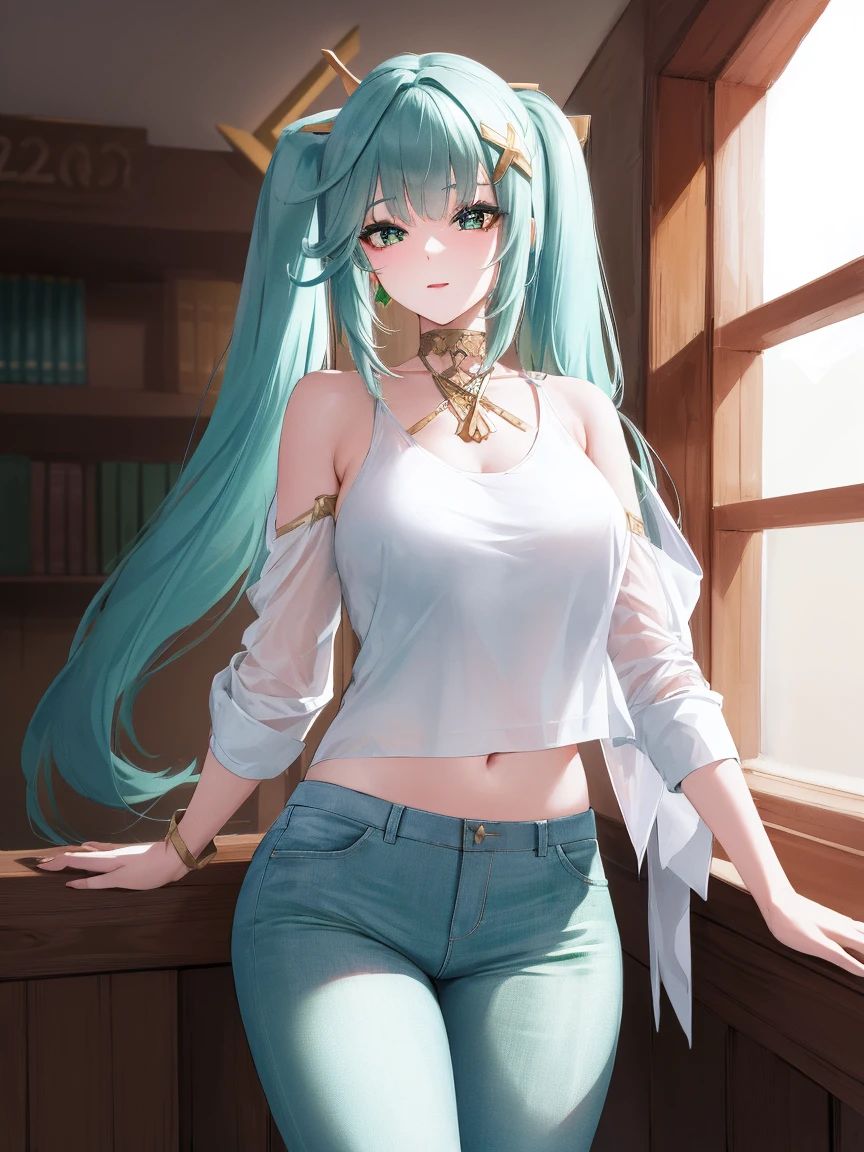 faruzan, faruzan, aqua hair, blunt bangs, cowlick, (green eyes:1.5), hair between eyes, hair ornament, long hair, (symbol-shaped pupils:1.5), (triangle-shaped pupils:1.5), twintails, x hair ornament, open mouth, smile,
BREAK pants, jeans, sweater, collarbone, long sleeves,
BREAK looking at viewer, full body, (cowboy shot:1.5), upper body,pose,right hand on hip,
BREAK indoors, library,
BREAK (masterpiece:1.2), best quality, high resolution, unity 8k wallpaper, (illustration:0.8), (beautiful detailed eyes:1.6), extremely detailed face, perfect lighting, extremely detailed CG, (perfect hands, perfect anatomy),