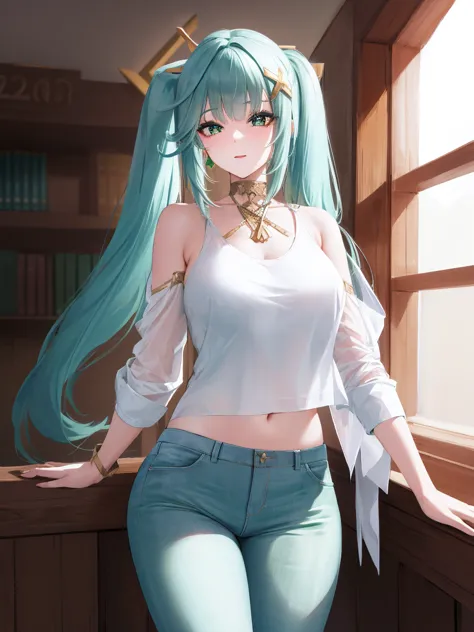 faruzan, faruzan, aqua hair, blunt bangs, cowlick, (green eyes:1.5), hair between eyes, hair ornament, long hair, (symbol-shaped...