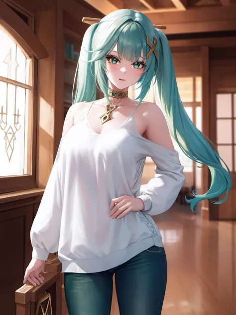 faruzan, faruzan, aqua hair, blunt bangs, cowlick, (green eyes:1.5), hair between eyes, hair ornament, long hair, (symbol-shaped...