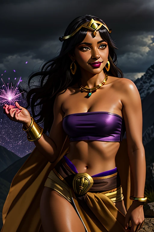 (best quality:1.3), (4K quality),masterpiece, best quality, high res, detailed, (Detailed face:1.2), (Detailed eyes:1.2), (Perfect figure:1.2), Fantasy style, Fantasy environment, solo, 1girl, BREAK 25 year old woman, sorceress, (Dark skin:1.5), (merge Chel with Tharja and Tiona Hiryute), purple hair, wavy hair, long hair, purple eyes, mascaras purple eyeshadow, smile, purple lipstick, covered in tattoos, medium breasts, waist, slender legs, attractive body, slim figure, perfect shape, (Wearing: golden headpiece, golden bracer, golden necklace, purple strapless top, purple loincloth, pelvic curtain, golden armbands, golden knee-high boots:1.3), BREAK highly detailed costume with intricate designs, looking at viewer, she's looking at the camera with an thrilled and confident smile, both hands glowing bright purple, purple magic, bright purple sparks in both hands, expressive expression, dark and mysterious aura, complex eye makeup, mystical energy radiating from her hands, electric purple orbs swirling around her, beautifully contoured face, fierce and confident posture, dark and dramatic lighting, vivid colors, intense purple and magenta color palette, individual spheres spinning at different speeds, translucent orbs emitting purple sparks, tracing of rays throughout the scene, illuminating the woman's silhouette with a mesmerizing glow, breathtaking visual effects, captivating and enchanting portrait, impressive level of detail in the woman's eyes and expression, attention to every intricate detail, BREAK (Night time, outdoors, stone temple, stone structures in the surroundings, dark clouds in the sky, purple lighting, gorgeous view of the mountainous valley)
