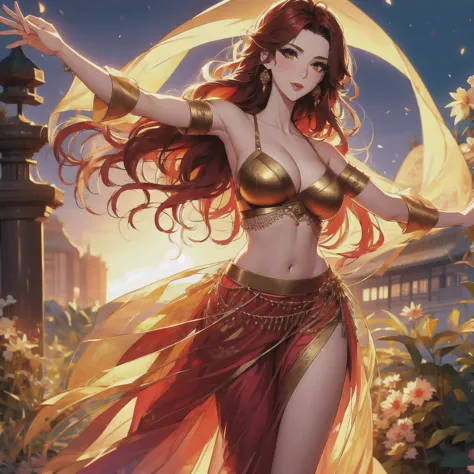 (masterpiece, best quality: 1.2), 1 female, solo, dancing alone, Xian Mei, unique golden eyes, long red curly hair, jewelry, per...