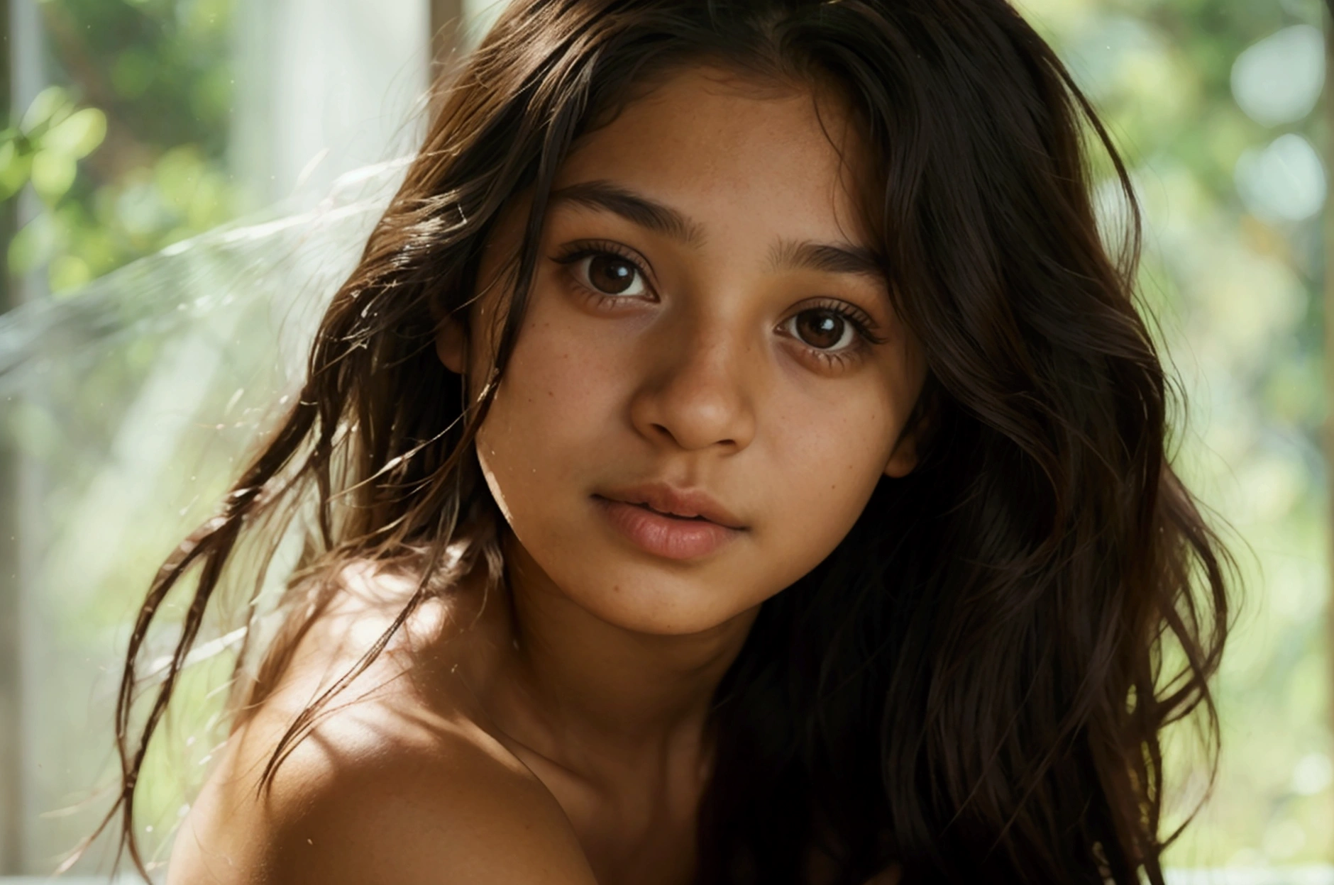 A 12 year old Colombian girl, long dark hair, Brown eyes, whole body -  SeaArt AI