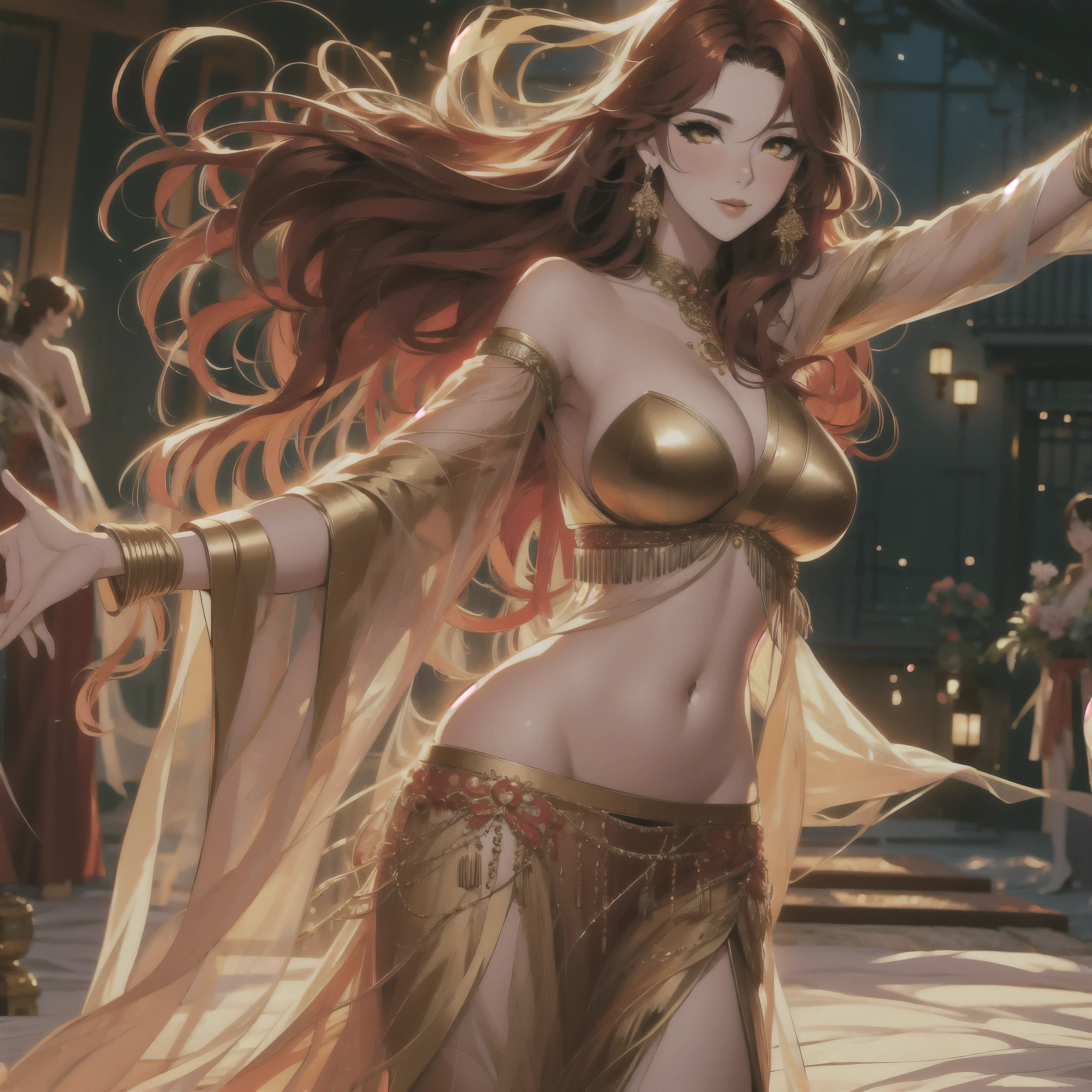 (masterpiece, best quality: 1.2), 1 female, solo, dancing alone, Xian Mei, unique golden eyes, long red curly hair, jewelry, perfect anatomy, perfect body, traditional belly dance dress, medieval China, sexy, hot, beautiful background, belly dance, dance, beautiful dance,