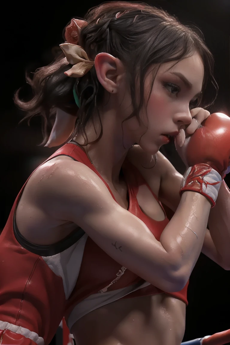 ((Masterpiece, of the highest quality, Maximum image quality, high resolution, photorealistic, photo and gross, 8k)), King boxing fight, a seductive and feminine elf athletes fighting in a ring with each other in the lights, wet bodies, profiles of athletes looking at each other , 