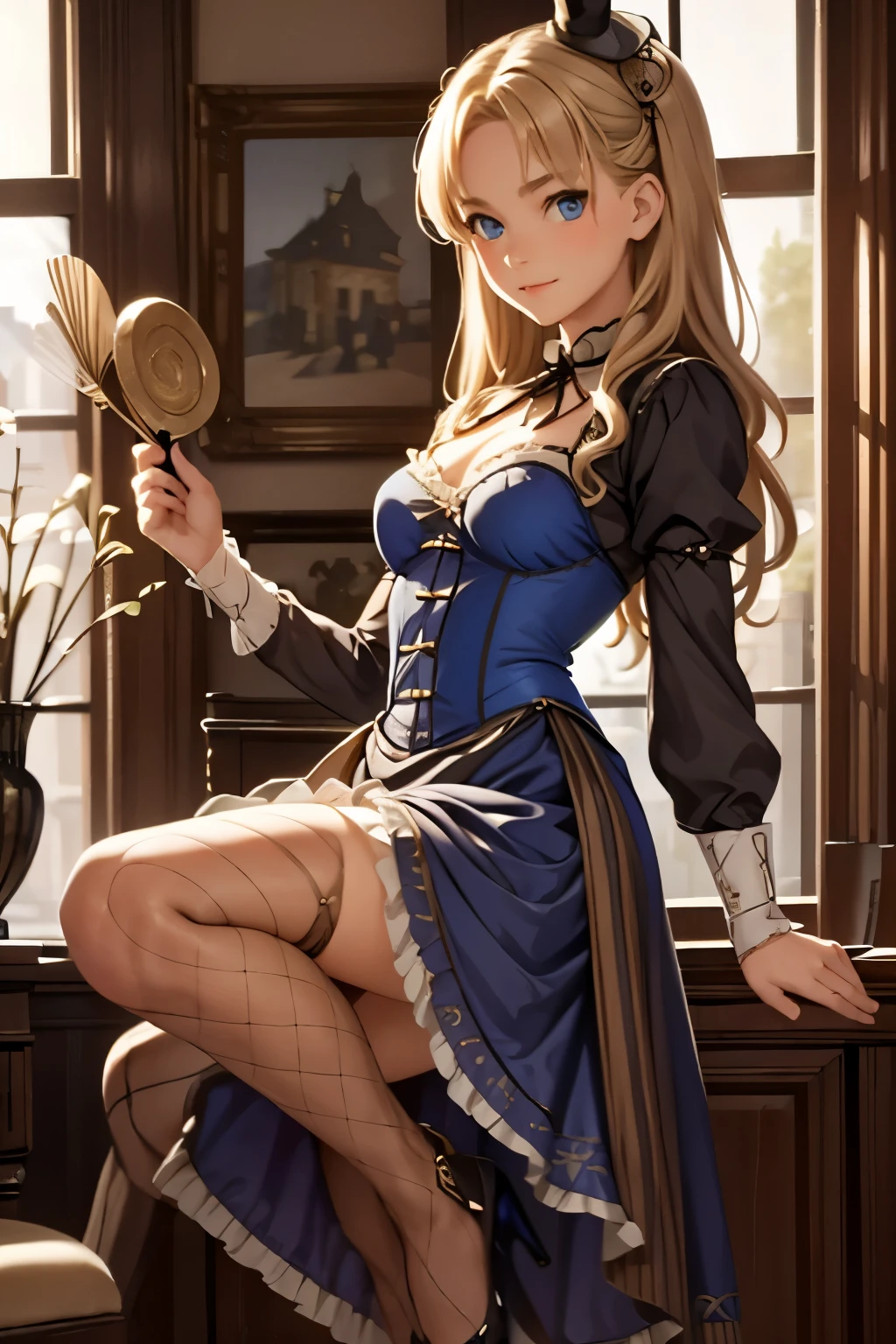 village realisticlying、Virginia Otis 15-year-old blonde hair blue eyes、City of victorian age, Europe. aristocrat girl、Looking up from below、 wear long sleeve sheer fabric dress、Various dynamic  sexy poses、Face smile、cute face, Depicts the whole body、