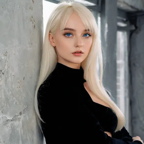 blonde woman with blue eyes leaning against a wall wearing a black dress, Perfect white hair girl, Anna Nikonova aka Newmilky, p...