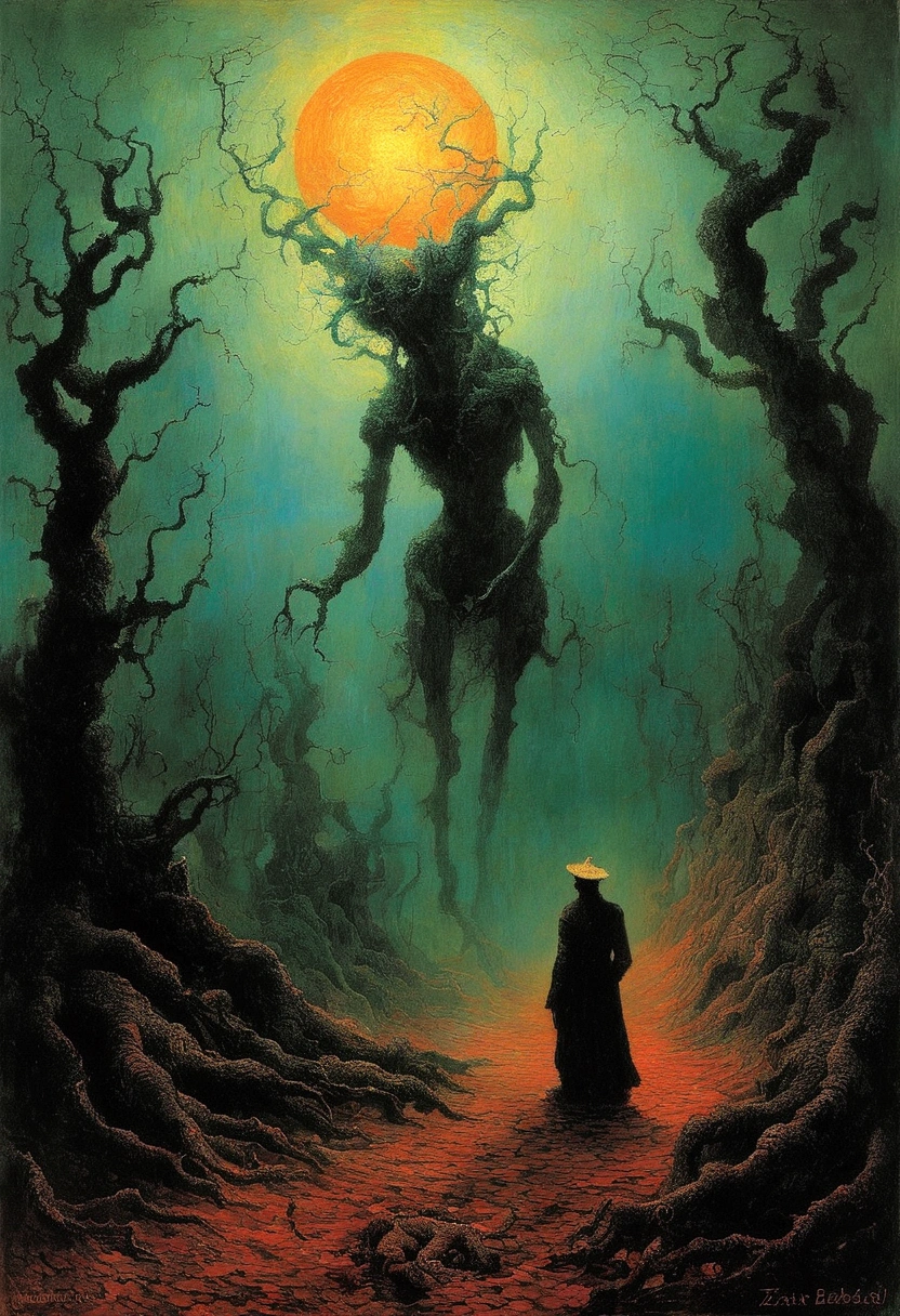 Mythical creatures, author：Zdzislaw Beksiński and Vincent Van Gogh, Muchet, romantic, Surrealism,Satan, Coral, Wizard, Dark Forest、nightmare