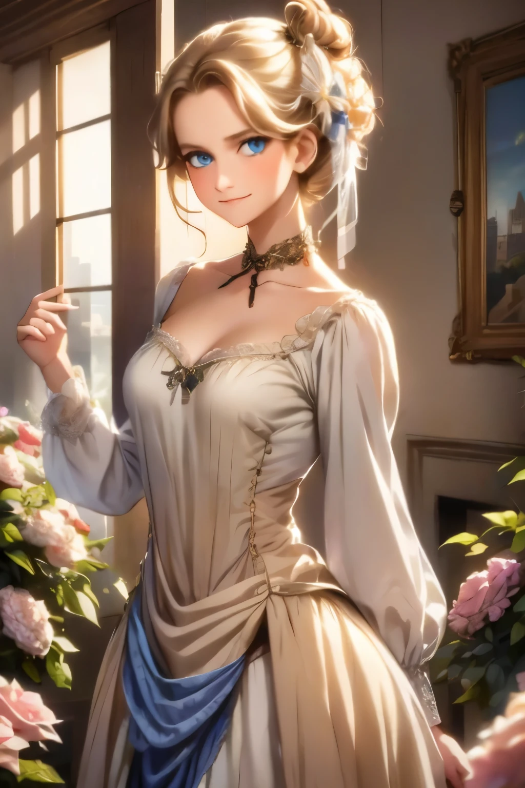 village realisticlying、Virginia Otis 15-year-old blonde hair blue eyes、City of victorian age, Europe. aristocrat girl、Looking up from below、 wear long sleeve sheer fabric dress、Various dynamic  sexy poses、Face smile、cute face, Depicts the whole body、