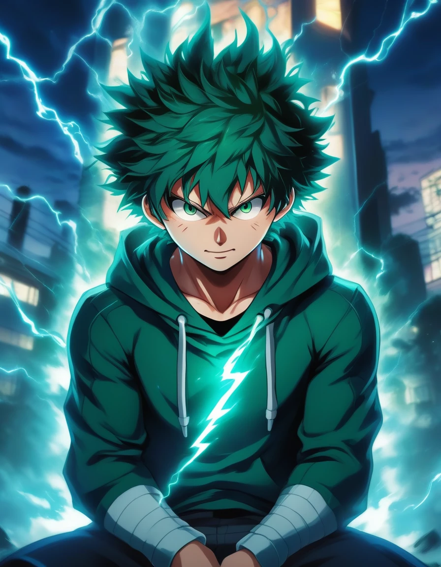 One boy, Male Focus, midoriya izuku, boku no hero academia, Injury, electricity,, masterpiece, Highest quality, so beautiful, Absurd、Blue Hair、Long Hair、hoodie、headphone