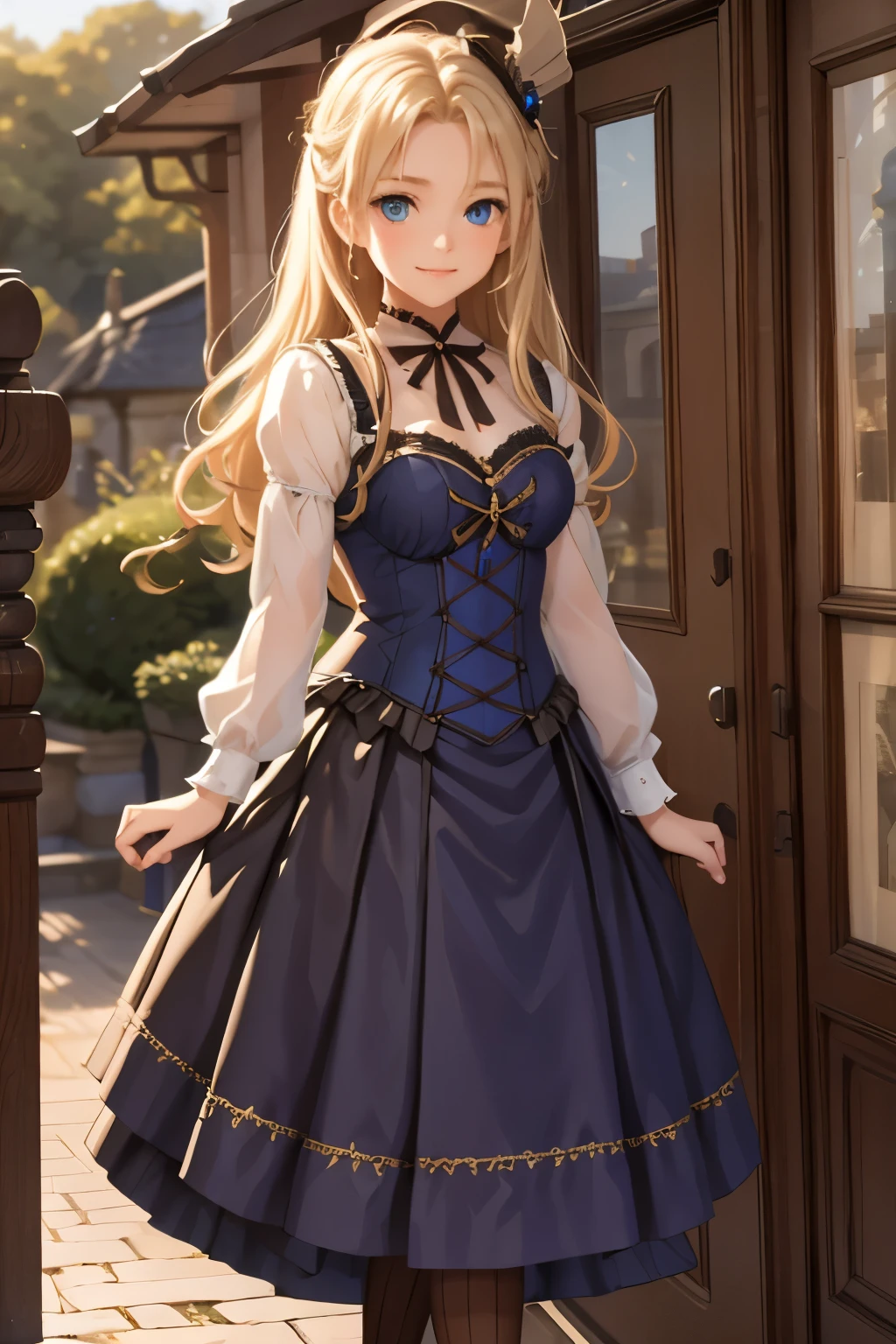 village realisticlying、Virginia Otis 15-year-old blonde hair blue eyes、City of victorian age, Europe. aristocrat girl、Looking up from below、 wear long sleeve sheer fabric dress、Various dynamic  sexy poses、Face smile、cute face, Depicts the whole body、