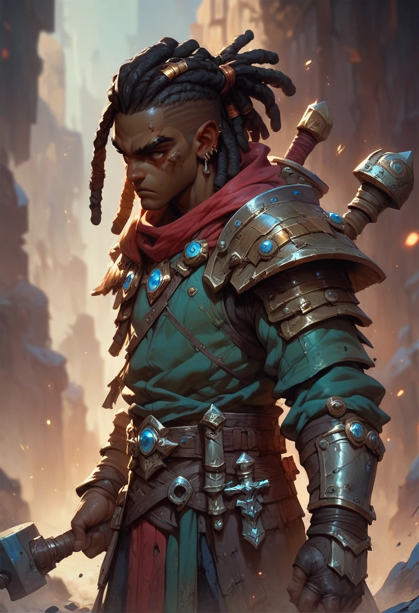 make a character of D&D young black skinned man with short dreadlocks hair in paladin class with dark armor not very heavy with coats of arms holding a two-handed hammer.