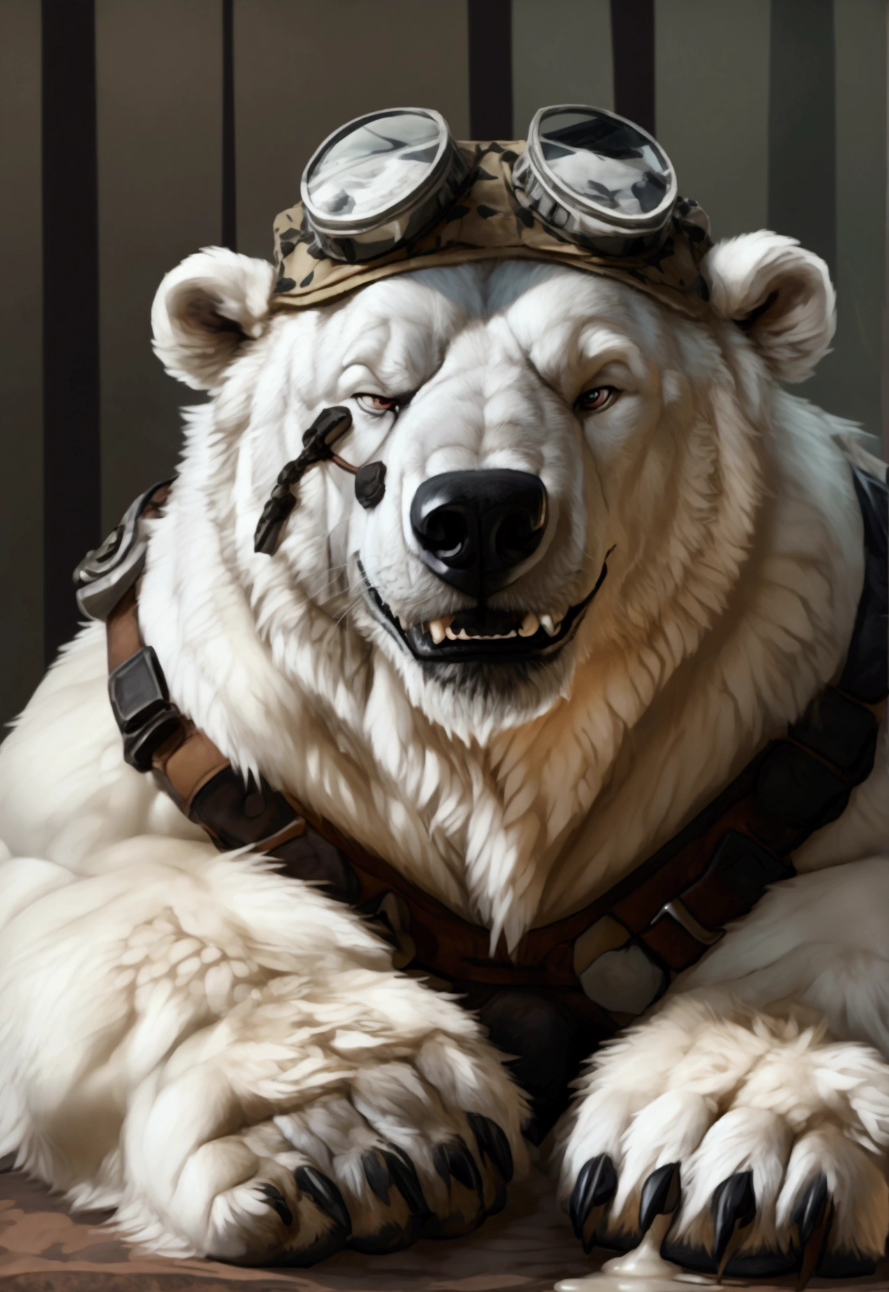 (by personals, by narse, would chase, by gorse the thief),realistic Realistic white fur, Polar patroller, polar bear in teeth,  SMILE in polar patroller, happy with tongue in polar patroller, Polar bear these hair body in white,very muscular and fat, claws in five, five claws, dark paws, helmet, eyepatch, medio eye Brown, big very strong pink giant_pen, grande para pen, giant balls, holding big huge pink_pentrating, very strong bulk for blank pallets , very tired of very craving, large chest of fur on white, More Giant Cum, very cum in milk, light,lying in bed por sexy, by bruteandbrawn, by personals, by subtraction, (intricate, high detail white , Photography, soft focus, SeatoHao, super daddy, 
photorealism, realistic white furry polar bear , photorealista, white style and white light , super high dispersion , Best Quality, ultra realistic, Alone, polar bone, Ursid, polar patrol, hair for white , muscular, SMILE, dark forest,  rainbow light , winter, dress,naked parawearing military uniform, camouflage, underwear, hull, tactical harness, black clothes, polar bear in teeth