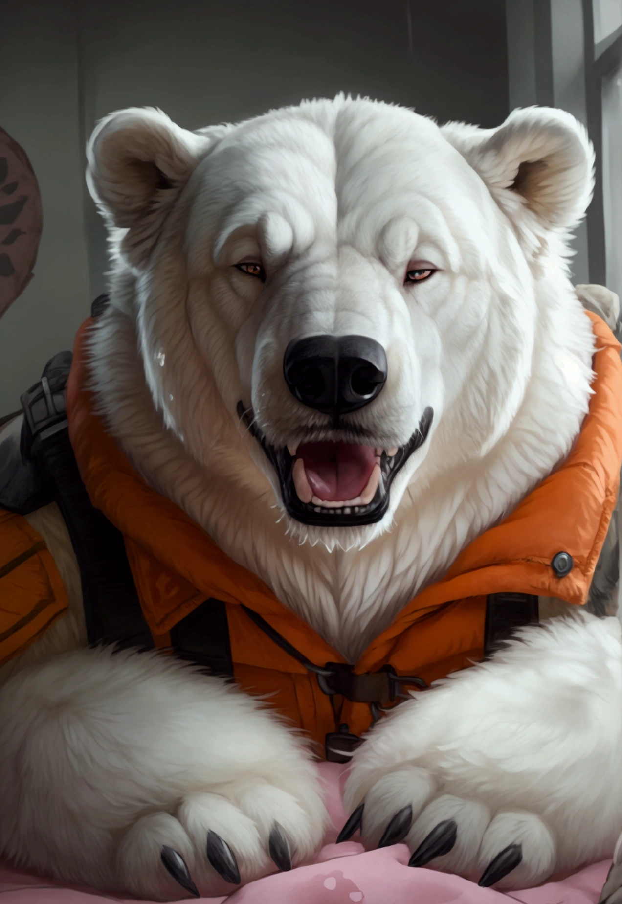 (by personals, by narse, would chase, by gorse the thief),realistic Realistic white fur, Polar patroller, polar bear in teeth,  SMILE in polar patroller, happy with tongue in polar patroller, Polar bear these hair body in white,very muscular and fat, claws in five, five claws, dark paws, helmet, eyepatch, medio eye Brown, big very strong pink giant_pen, grande para pen, giant balls, holding big huge pink_pentrating, very strong bulk for blank pallets , very tired of very craving, large chest of fur on white, More Giant Cum, very cum in milk, light,lying in bed por sexy, by bruteandbrawn, by personals, by subtraction, (intricate, high detail white , Photography, soft focus, SeatoHao, super daddy, 
photorealism, realistic white furry polar bear , photorealista, white style and white light , super high dispersion , Best Quality, ultra realistic, Alone, polar bone, Ursid, polar patrol, hair for white , muscular, SMILE, dark forest,  rainbow light , winter, dress,naked parawearing military uniform, camouflage, underwear, hull, tactical harness, black clothes, polar bear in teeth