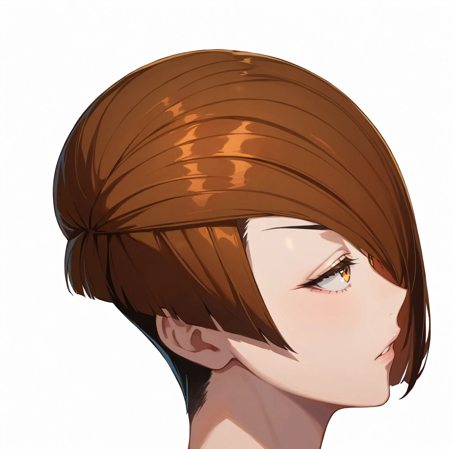 1girl, ((((boyish)))), beautiful detailed eyes, beautiful detailed lips, extremely detailed eyes and face, short hairstyle, deep side part, hair over half face, asymmetrical haircut, shiny hair, detailed hair, ((tomboy)), edgy, frowning, seinen anime style, (best quality,4k,8k,highres,masterpiece:1.2),ultra-detailed,vibrant colors,dramatic lighting