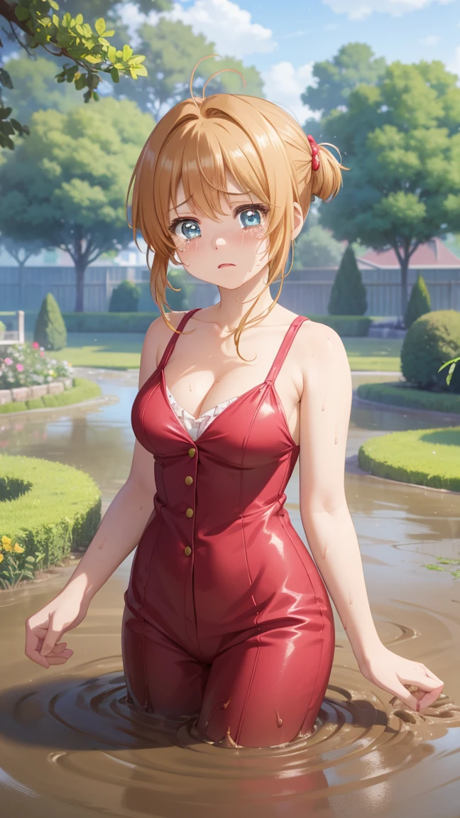 masterpiece, best quality, highres, 1girl, detailed face, blush, anime CG style, (medium breasts), (18 year old girl:1.3), (aged up), good lighting, perfect body, sakura kinomoto, glossy lips, looking at viewer, (upset, tears in her eyes), (sinking in mud), garden, cleavage