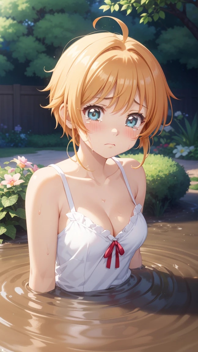 masterpiece, best quality, highres, 1girl, detailed face, blush, anime CG style, (medium breasts), (18 year old girl:1.3), (aged up), good lighting, perfect body, sakura kinomoto, glossy lips, looking at viewer, (upset, tears in her eyes), (sinking in mud), garden, cleavage
