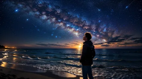Beautiful starry sky　So many shining stars　shooting star　moon　A small silhouette of a man looking up at the sky from the beach