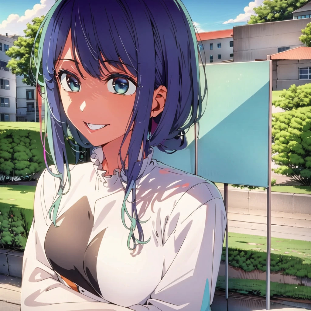 masterpiece, sidelighting,  masterpiece*portrait, lustrous skin, ((1girl, solo)), best background detail,stare,  arousing,lewd, akane,front , ((light smile, happy)),  long hair, looking at viewer, smile, bangs, blue eyes,  shirt, blue hair, white shirt, sidelocks, frills, side ponytail, portrait, looking at viewer, (((buildings, city))), standing, ((outdoors)), ((full  background)), holding sign