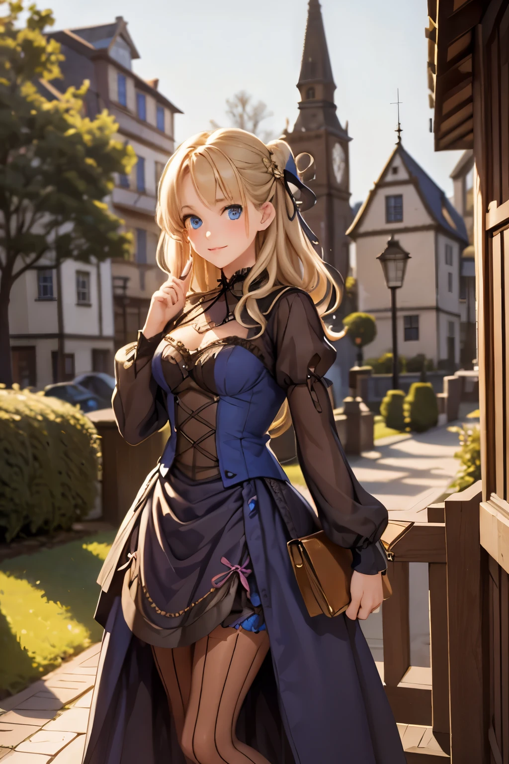 village realisticlying、Virginia Otis 15-year-old blonde hair blue eyes、City of victorian age, Europe. aristocrat girl、Looking up from below、 wear long sleeve sheer fabric dress、Various dynamic  sexy poses、Face smile、cute face, Depicts the whole body、