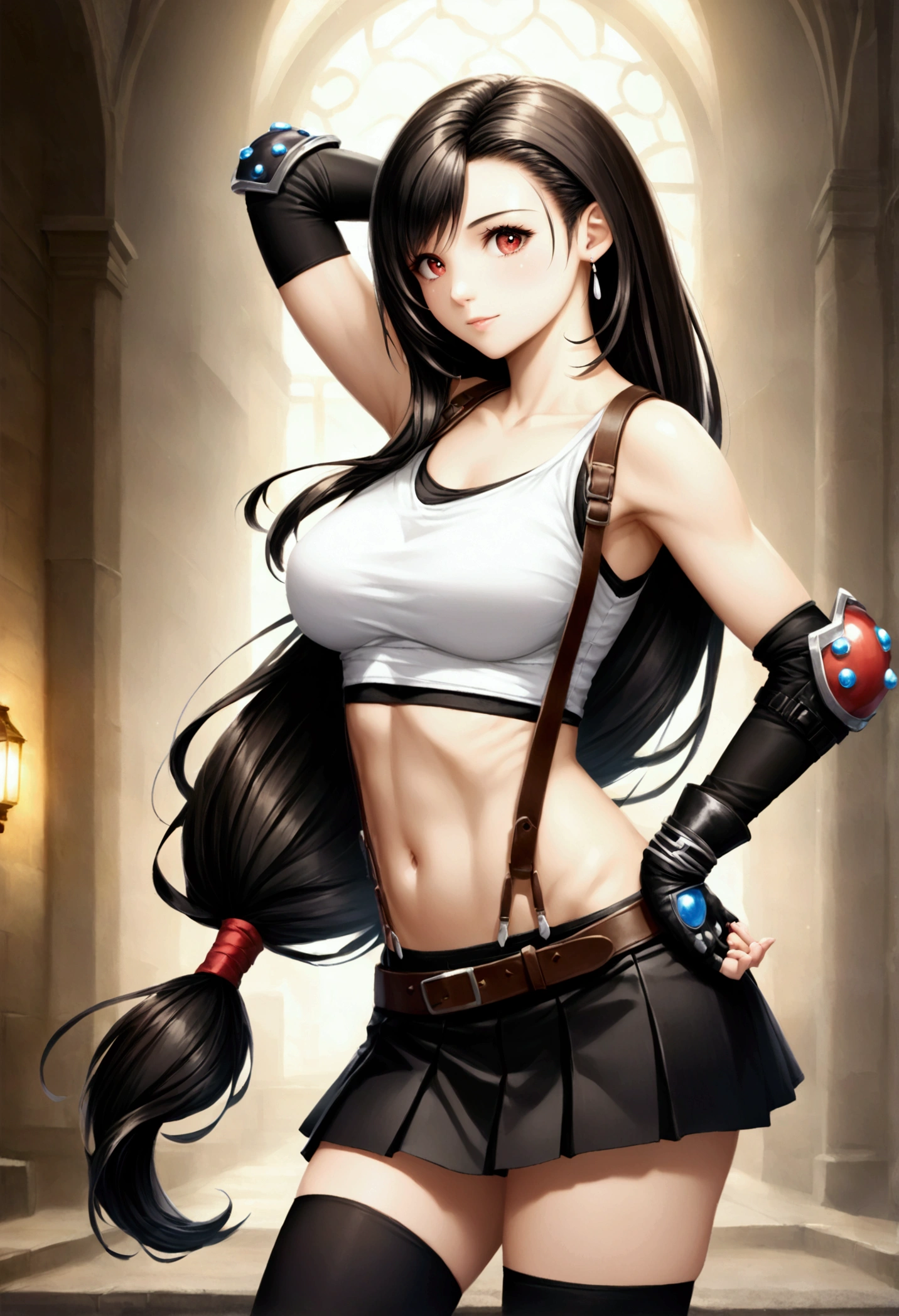 score_9, score_8_up, score_7_up,,BREAK , ,from side,front view,side angle,,standing,contrapost,upperbody ,,straight-on,Solo,1girl, tifa lockhart, final fantasy,ultra beautiful ,black hair, low-tied long hair, red eyes, bangs, (white tank top,gap),High exposure，Belly exposure，the ribs，(belt, pleated skirt, thighhighs, elbow fingerless gloves, elbow pads, midriff, navel,suspenders.skirt),beautiful waist ,((large_breast:1.3)),light smile,,hand on own hip,daytime,outdoor,(ultra detailed),(best quality),(aesthetic,very aesthetic),UHD,photorealistic,game cg.extremely detailed CG unity 8k wallpaper,anime,depth of field,,, 　　