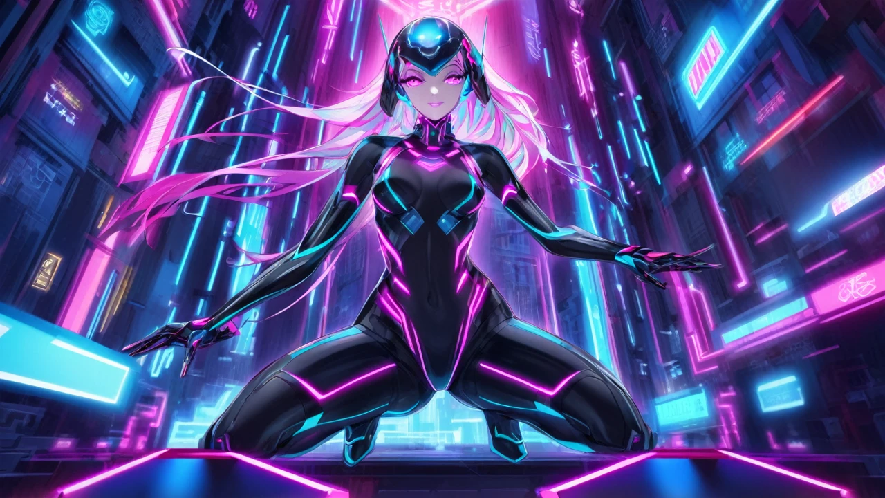 Neon lighting up a futuristic cybernetic woman with black body suit electric blue and hot pink neon lights throughout the body suit. Animated illustrate digital art. with bright neon lighting around the platform