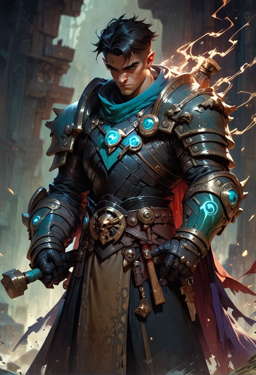 make a character of D&D young black man with short dreads hair and a friendly face, in the paladin class in black armor not very heavy with coats of arms holding a two-handed hammer.
