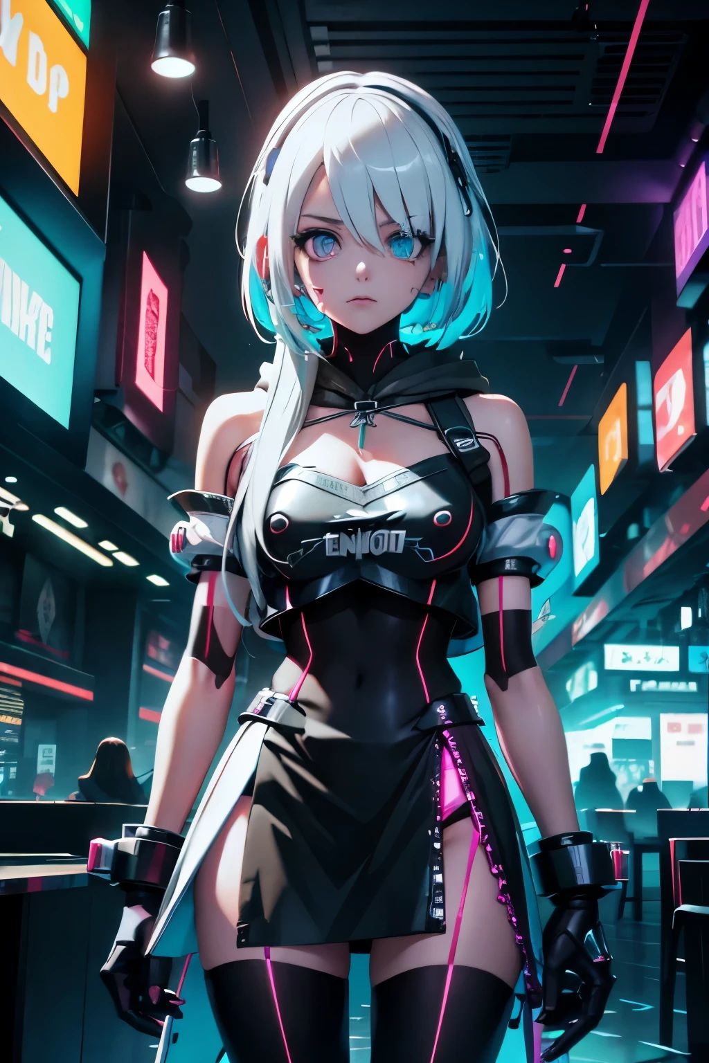 Android Girl,white hair,short and messy hair, purple neon eyes, Holding a chain whip,chains on the hands,chains action, chains around her arm, very cute, skirt, white blouse, cyberpunk style, eletronic gloves, mecanic parts, eletronic details,living room background.HD lighting and dark )(epic image quality) dark atmosphere with bright particle light(many effects in background), dinamic shot, robot, neon tweaks, cyberpunk theme