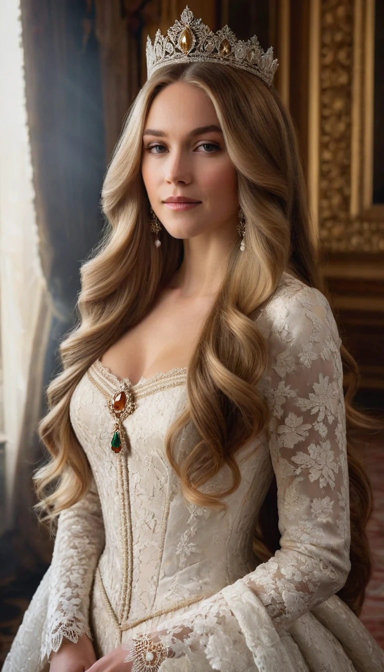 Hyper realistic portrait of a regal beautiful young female queen with light brown long locks of hair., in a luxurious lace queen dress ., located in a room of an ancient Victorian palace 