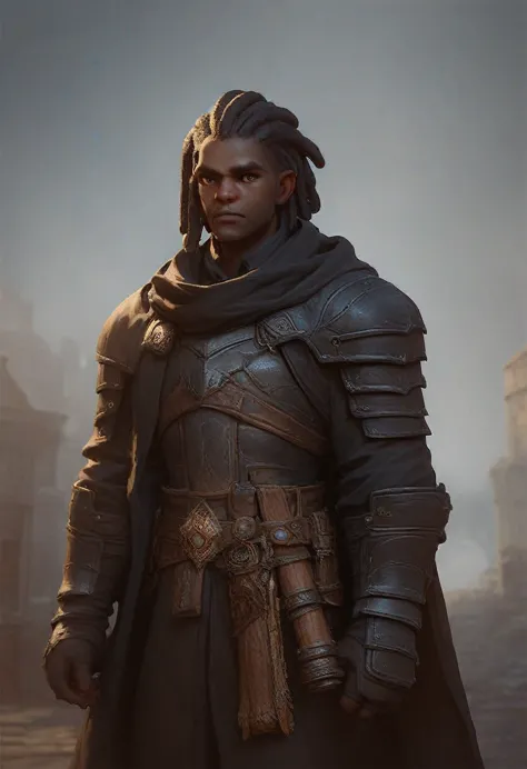 make a character of D&D young black man with short dreadlocks hair, in the paladin class in black armor not very heavy with coat...