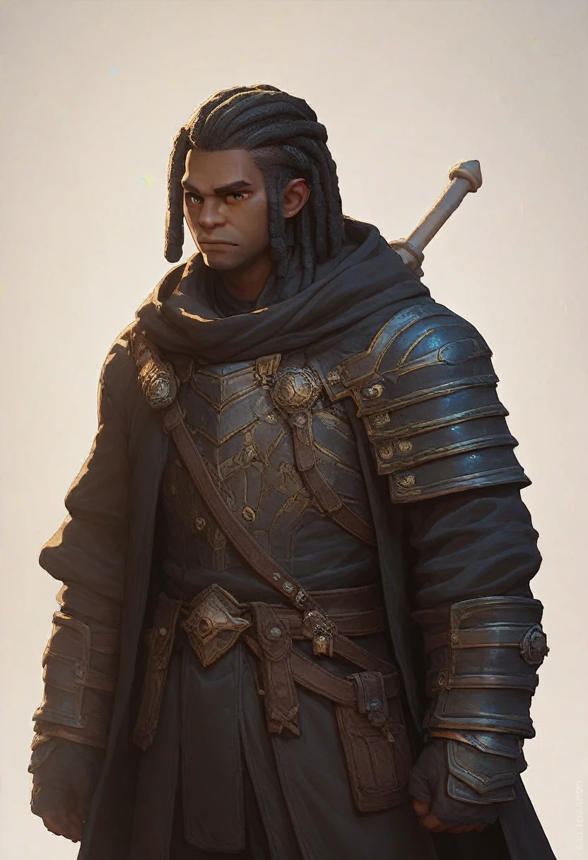 make a character of D&D young black man with short dreadlocks hair, in the paladin class in black armor not very heavy with coats of arms holding a two-handed hammer.
