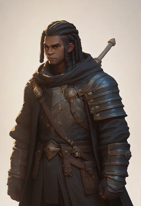make a character of D&D young black man with short dreadlocks hair, in the paladin class in black armor not very heavy with coat...