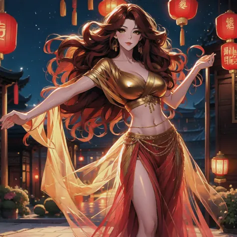 (masterpiece, best quality: 1.2), 1 female, solo, dancing alone, Xian Mei, unique golden eyes, long red curly hair, detailed fac...