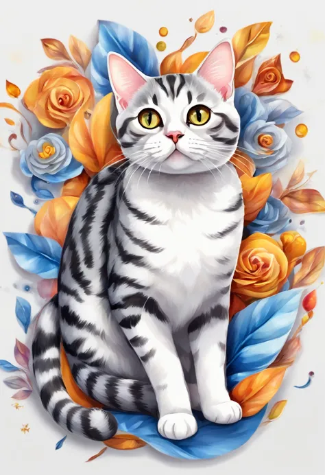 a cat of the American Shorthair breed, 3D watercolor style painting, American Shorthair cat, full picture, High contrast high re...