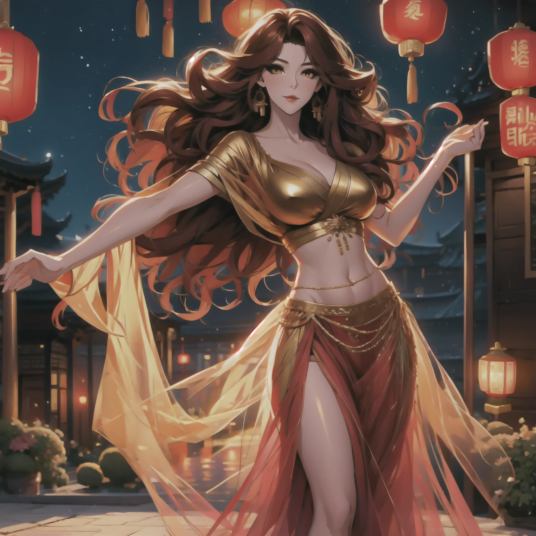 (masterpiece, best quality: 1.2), 1 female, solo, dancing alone, Xian Mei, unique golden eyes, long red curly hair, detailed face, beautiful face, jewelry, perfect anatomy, perfect body, traditional belly dance dress, medieval china, sexy, hot, beautiful background, belly dance, dance, beautiful dance, mountains in the background, flowers,