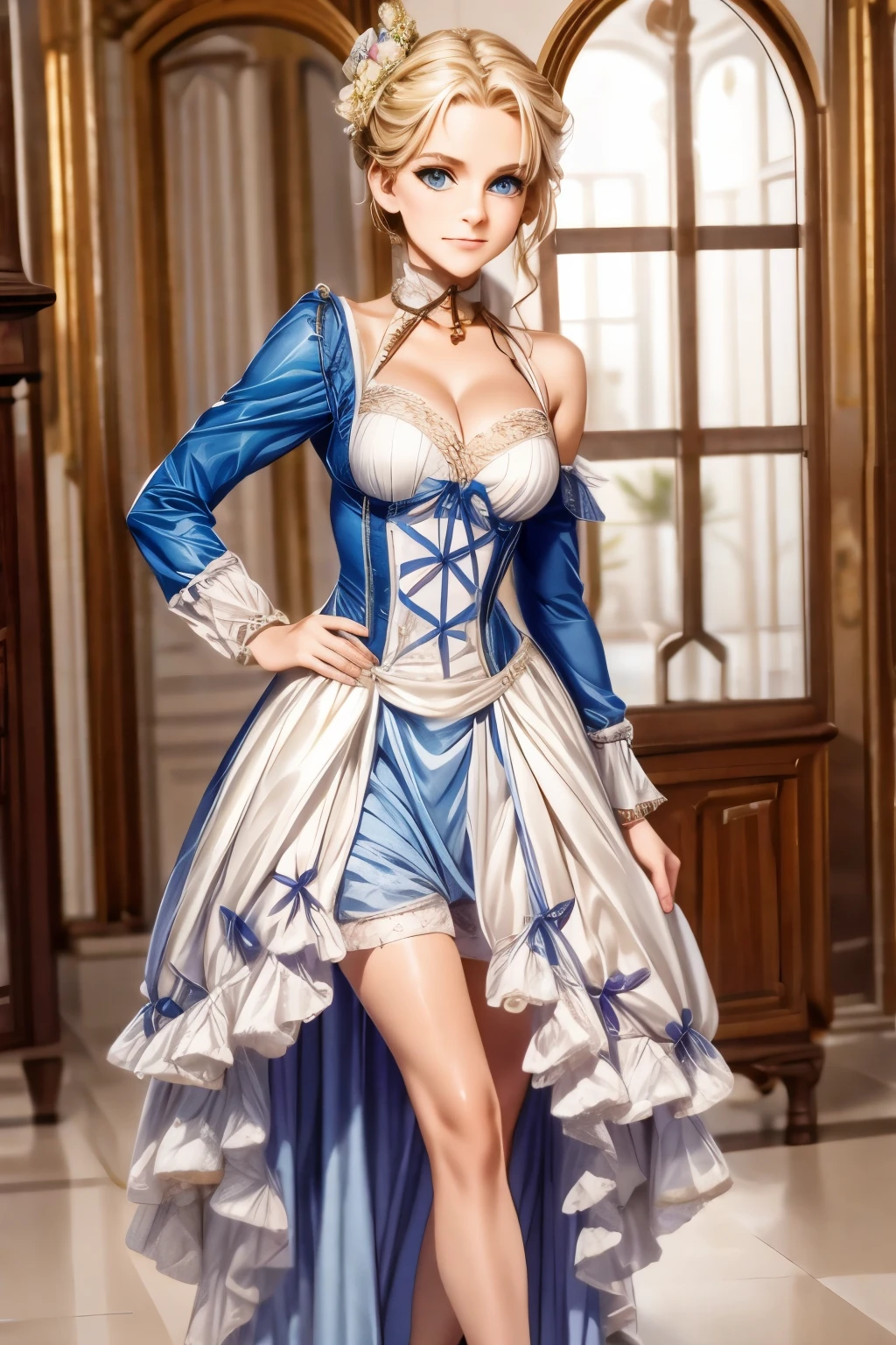 village realisticlying、Virginia Otis 15-year-old blonde hair blue eyes、City of victorian age, Europe. aristocrat girl、Looking up from below、 wear long sleeve sheer fabric dress、Various dynamic sexy poses、Face smile、cute face, Depicts the whole body、
