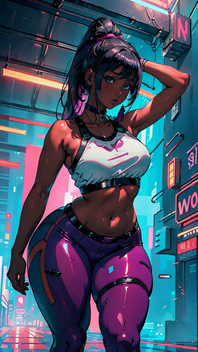 (Hinata Hyuga, Very sensual, Wearing tight clothes, ,( curvy body 1.3))), Big Ass, Thick legs, Colorful full-body bodysuit, Wearing a mini blouse, Navel comes out, Long Hair, Rear Speakers, Very realistic, Cyberpunk city view, clearly defined lines, Neon lights are so sexy, 8k, 8k Very detailed), (Very delicate and beautiful), (masterpiece), (Better Quality: 1.0), (Ultra-high resolution:1.0), ((Synthwave Background Theme))