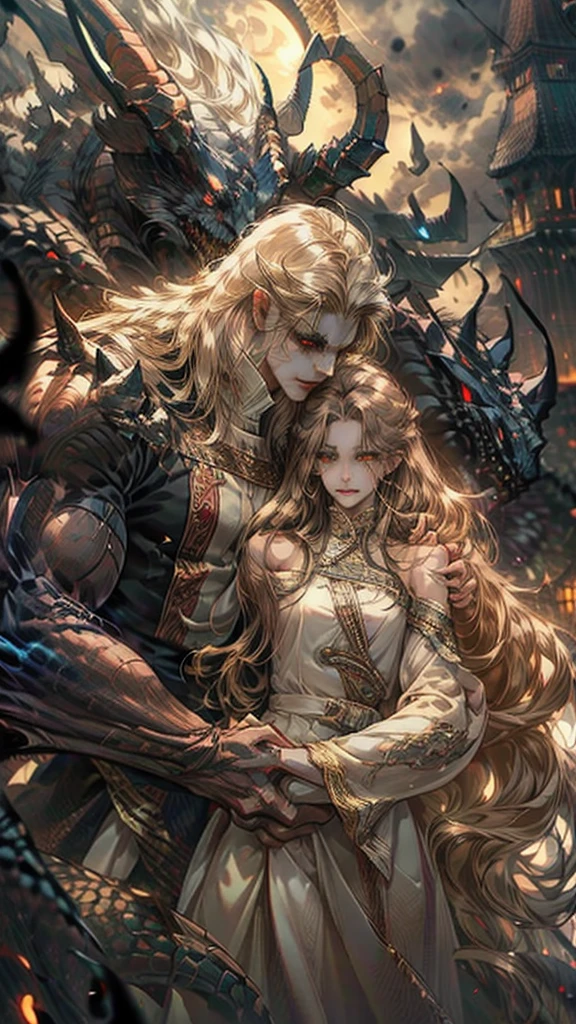 demon man with long blonde hair and reptile eyes, attractive and human woman, of Brown hair, with white dress, hugged, around them fog and night 