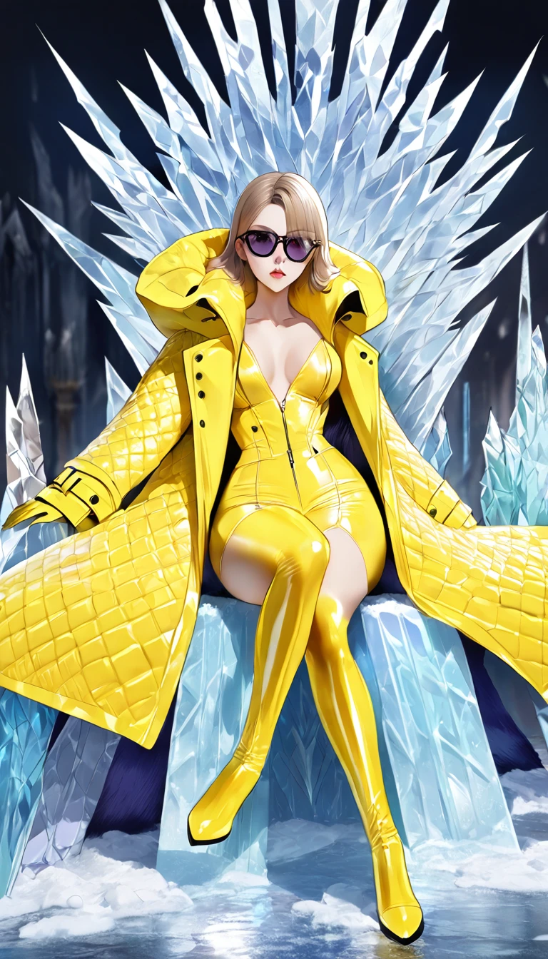 ((Super realistic details)) Shadow、octan render、8K、ultrasharp、Steampunk Body、Details of complex ornaments、cold color、Gothloli details、highly intricate detail、Realistic light、CGSoation Trends, radiant eyes featuring a stylish and confident evil ice queen, she has an arrogant look .modern fashion. dressed in bold and fashionable all yellow rubber outfits, showcasing a unique combination of elegance and strength. attire includes sleek, form-fitting dressed and bodysuit made of shiny materials, paired with oversize long latex coat that have (((dramatic high collar of coat))), (((high collar of coat))) (((very high and wide collar of coat))), (((collarbone))) and intricate patterns. The colors and designs vary, featuring a long coat with patterned latex coat. outfit is accentuated with latex boots and latex gloves, sunglasses, emphasizing her commanding and poised presence. Highlight her modern, daring fashion sense and her ability to dominate any space with her fashionable and assertive demeanor, sexy pose Sit with your legs apart, Leg spread, on ((ice throne on ice palace)), nudity.