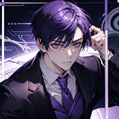 a sexy man with purple short hair, purple eyes, and a cool expression, wearing suit, face closeup