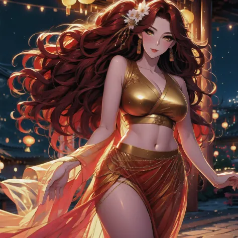 (masterpiece, best quality: 1.2), 1 female, solo, dancing alone, Xian Mei, unique golden eyes, long red curly hair, detailed fac...